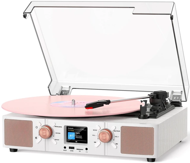 Main image of Spin Record Player with Built-in Speakers, Bluetooth Input & 3-Speed Vinyl Playback Turntable with Color LCD Display, USB/TF Playback, RCA, AUX, Headphone Jack, White Wood Rose Gold