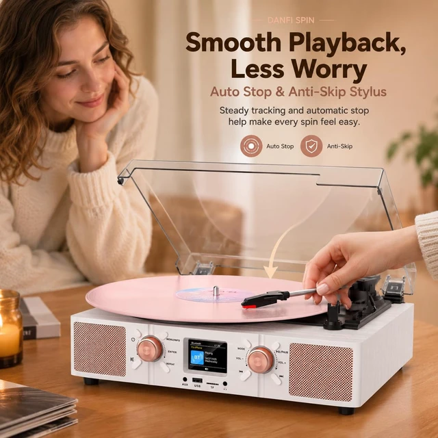 Alt view image 2 of 7 - Spin Record Player with Built-in Speakers, Bluetooth Input & 3-Speed Vinyl Playback Turntable with Color LCD Display, USB/TF Playback, RCA, AUX, Headphone Jack, White Wood Rose Gold