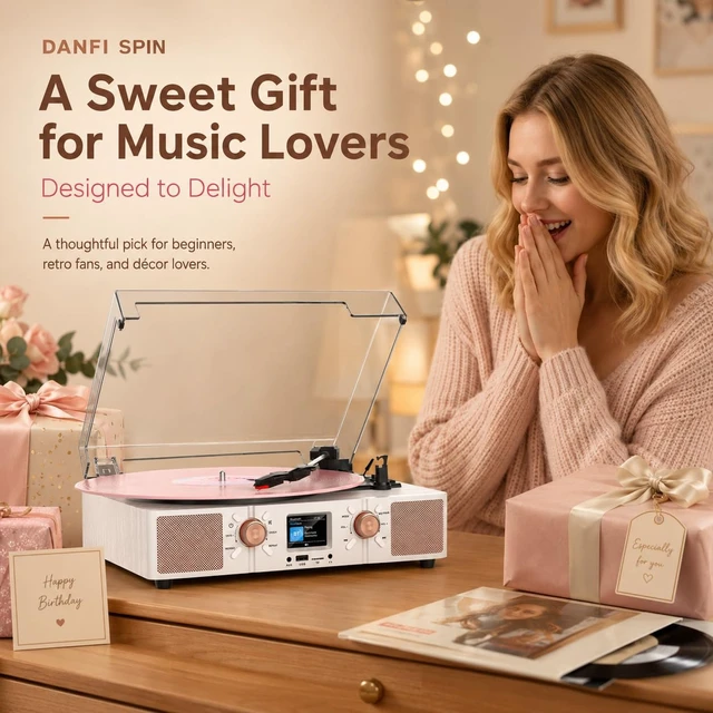 Alt view image 3 of 7 - Spin Record Player with Built-in Speakers, Bluetooth Input & 3-Speed Vinyl Playback Turntable with Color LCD Display, USB/TF Playback, RCA, AUX, Headphone Jack, White Wood Rose Gold