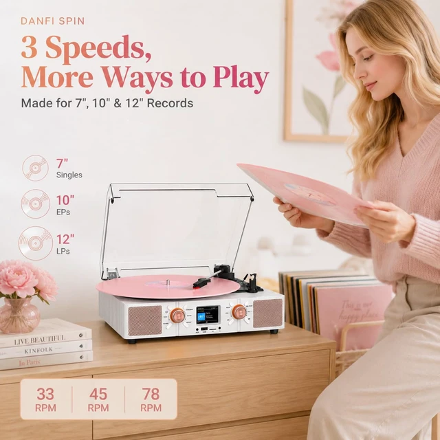 Alt view image 5 of 7 - Spin Record Player with Built-in Speakers, Bluetooth Input & 3-Speed Vinyl Playback Turntable with Color LCD Display, USB/TF Playback, RCA, AUX, Headphone Jack, White Wood Rose Gold