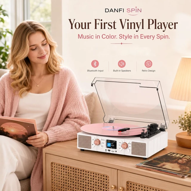 Alt view image 4 of 7 - Spin Record Player with Built-in Speakers, Bluetooth Input & 3-Speed Vinyl Playback Turntable with Color LCD Display, USB/TF Playback, RCA, AUX, Headphone Jack, White Wood Rose Gold