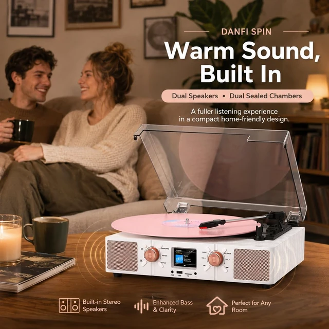 Alt view image 6 of 7 - Spin Record Player with Built-in Speakers, Bluetooth Input & 3-Speed Vinyl Playback Turntable with Color LCD Display, USB/TF Playback, RCA, AUX, Headphone Jack, White Wood Rose Gold
