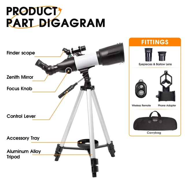 Alt view image 3 of 6 - Telescope 70 mm Aperture 400 mm Refractor Astronomical Portable Telescope for Adults Beginners with Tripod Phone Adaptere Carrying Bag and Wireless Remote