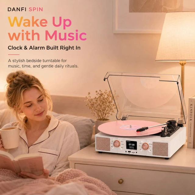 Alt view image 7 of 7 - Spin Record Player with Built-in Speakers, Bluetooth Input & 3-Speed Vinyl Playback Turntable with Color LCD Display, USB/TF Playback, RCA, AUX, Headphone Jack, White Wood Rose Gold