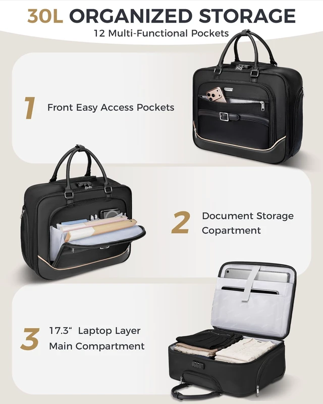 Alt view image 3 of 7 - Rolling Laptop Bag, 17.3 In Rolling Briefcase for Men Women with Accordion File Pockets, Anti Theft Laptop Bag with Wheels, Professional Roller Underseat Bag for Travel Work Teacher, Black
