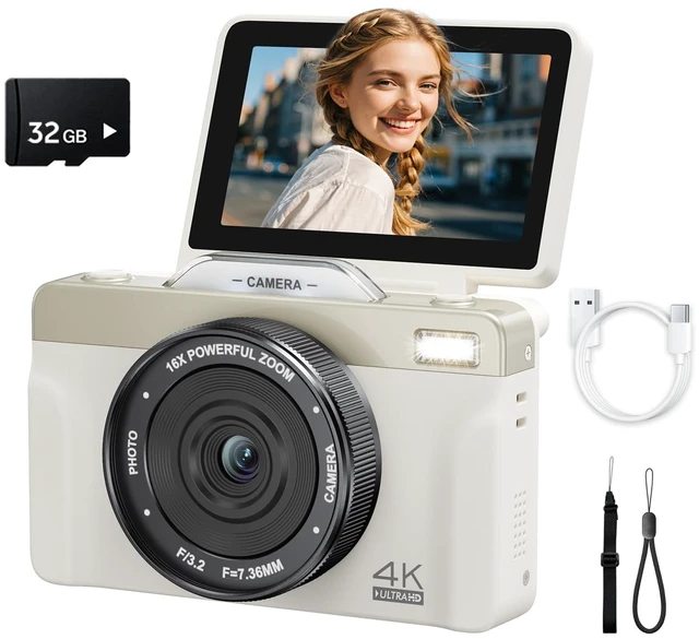 Main image of 4K Digital Camera for Photography 64MP with Autofocus & 16X Zoom, 3" 180° Flip Screen, 1500mAh High-Capacity Battery & 32GB Card- Compact WiFi Vlogging Camera for Beginners, Teens & Travel