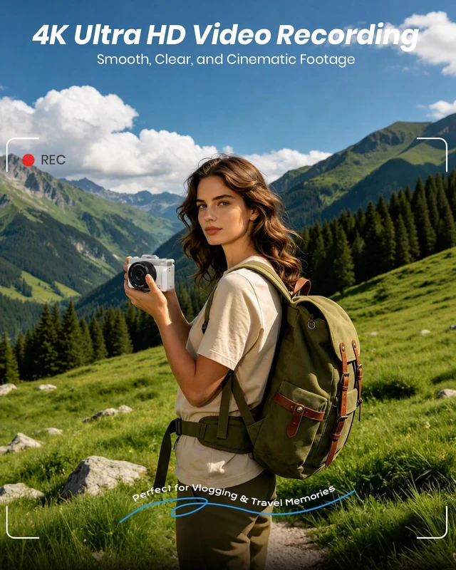Alt view image 3 of 7 - 4K Digital Camera for Photography 64MP with Autofocus & 16X Zoom, 3" 180° Flip Screen, 1500mAh High-Capacity Battery & 32GB Card- Compact WiFi Vlogging Camera for Beginners, Teens & Travel