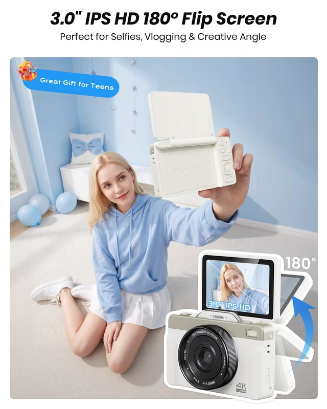 Alt view image 6 of 7 - 4K Digital Camera for Photography 64MP with Autofocus & 16X Zoom, 3" 180° Flip Screen, 1500mAh High-Capacity Battery & 32GB Card- Compact WiFi Vlogging Camera for Beginners, Teens & Travel