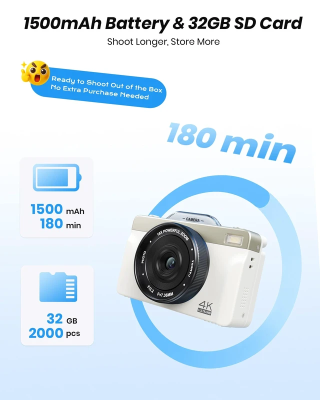 Alt view image 7 of 7 - 4K Digital Camera for Photography 64MP with Autofocus & 16X Zoom, 3" 180° Flip Screen, 1500mAh High-Capacity Battery & 32GB Card- Compact WiFi Vlogging Camera for Beginners, Teens & Travel