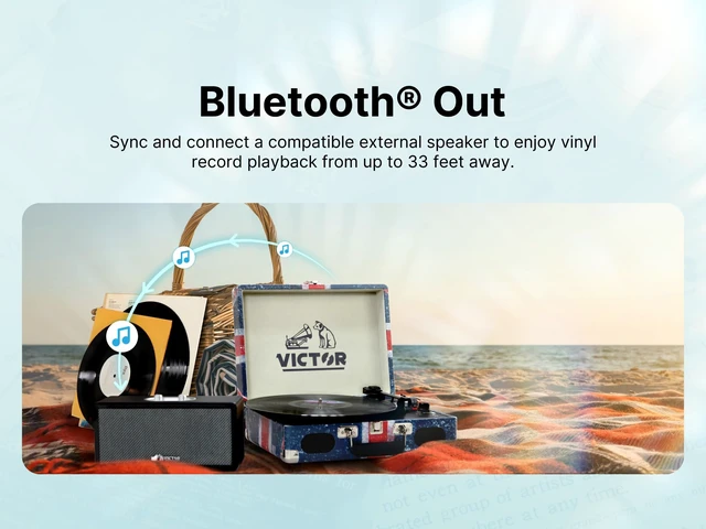 Alt view image 3 of 7 - Turntable for Vinyl Records, 3-Speed Suitcase Record Player with Bluetooth Bluetooth Input & Output - Portable Phonograph with Built-In Dual Stereo Speakers - Rechargeable - RCA & AUX