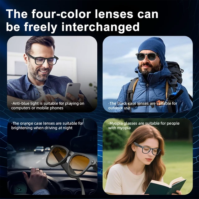 Alt view image 3 of 7 - AI Smart Glasses for Men & Women, HD Camera Glasses, Video Recorder, AI Real time Translation, Music Playback, Hands-Free Calls, 4 Color Lenses for Daily Use,Travel