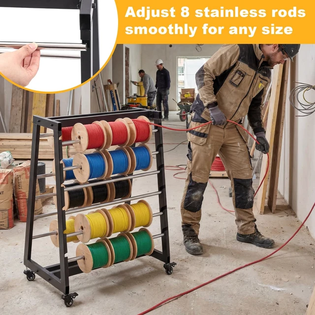 Alt view image 5 of 6 - Heavy Duty 8 Rod Wire Spool Rack with Locking Wheels 400 lb Capacity Cable Dispenser for Electrical, Industrial and Retail Use, Adjustable Stainless Steel Rods, Mobile Wire Holder Organizer