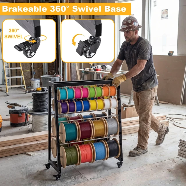 Alt view image 4 of 6 - Heavy Duty 8 Rod Wire Spool Rack with Locking Wheels 400 lb Capacity Cable Dispenser for Electrical, Industrial and Retail Use, Adjustable Stainless Steel Rods, Mobile Wire Holder Organizer