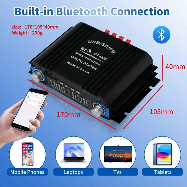 Alt view image 3 of 7 - 4CH Bluetooth 5.0 Home Audio Amplifier Power,RMS 40Wx4 Digital Receiver Amplifier with Active Subwoofer, Sound Audio System w/AUX, Headphone Jack, USB, SD, Remote Control-Black