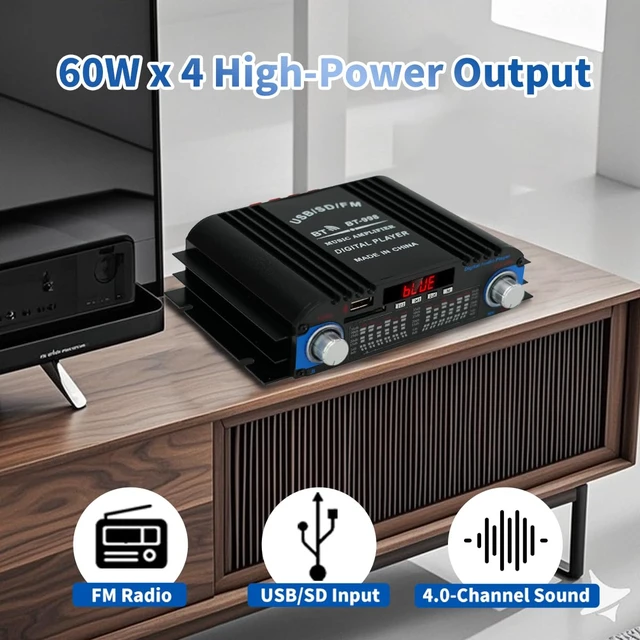 Alt view image 6 of 7 - 4CH Bluetooth 5.0 Home Audio Amplifier Power,RMS 40Wx4 Digital Receiver Amplifier with Active Subwoofer, Sound Audio System w/AUX, Headphone Jack, USB, SD, Remote Control-Black