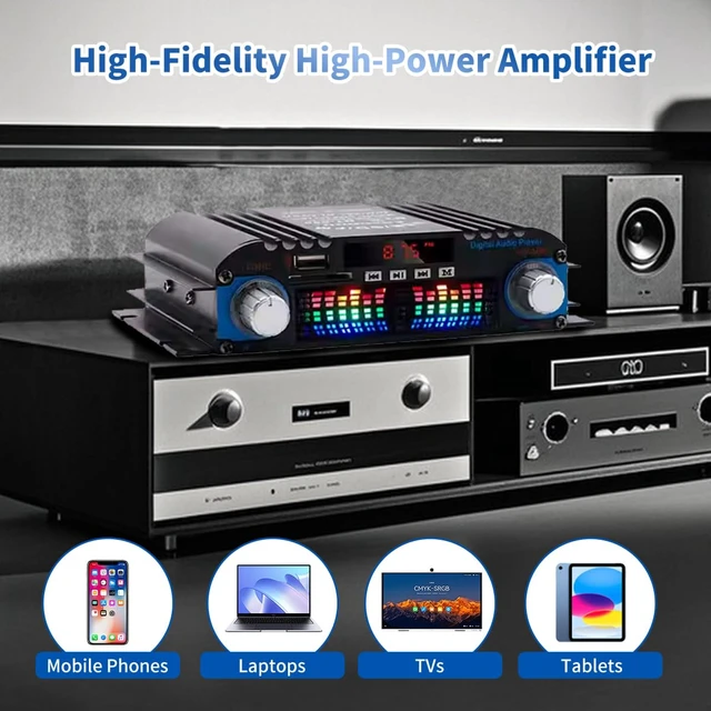 Alt view image 5 of 7 - 4CH Bluetooth 5.0 Home Audio Amplifier Power,RMS 40Wx4 Digital Receiver Amplifier with Active Subwoofer, Sound Audio System w/AUX, Headphone Jack, USB, SD, Remote Control-Black