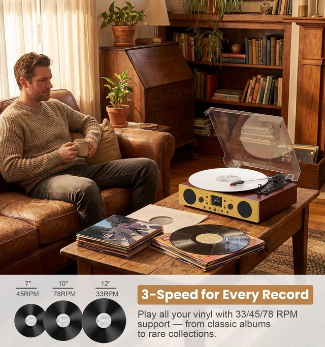 Alt view image 7 of 7 - Red Burl Wood Bluetooth Record Player, 3-Speed Turntable Premium burl wood finish with Bluetooth, 3-speed playback, stereo speakers, LCD display and vintage bronze accents