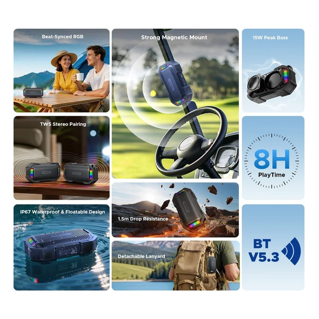 Alt view image 2 of 7 - MagGrip Magnetic Portable Speaker with RGB Light, IP67 Waterproof 10H Playtime, 10W Loud Stereo TWS Pairing, Bluetooth 5.3 Wireless Speakers for Shower Outdoor Camping Hiking Golf Cart -Black