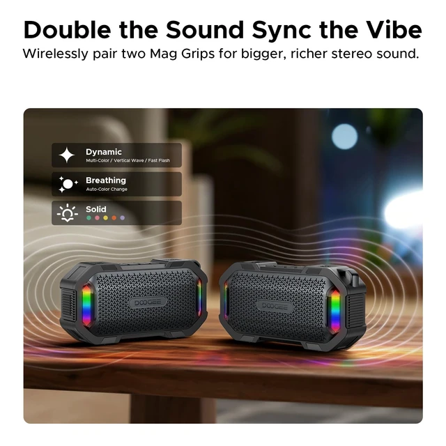 Alt view image 5 of 7 - MagGrip Magnetic Portable Speaker with RGB Light, IP67 Waterproof 10H Playtime, 10W Loud Stereo TWS Pairing, Bluetooth 5.3 Wireless Speakers for Shower Outdoor Camping Hiking Golf Cart -Black