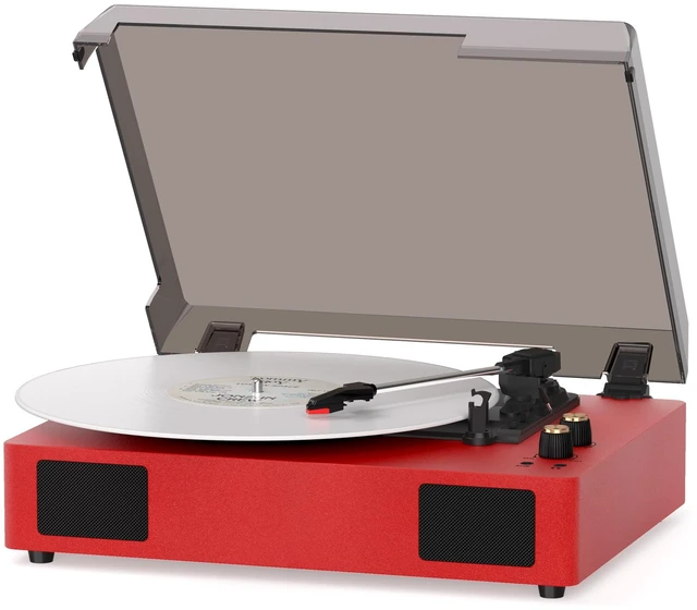Main image of Red Bluetooth Record Player, 3-Speed Belt Drive Turntable Play 7/10/12 inch records with Bluetooth, 3 speeds, stereo speakers, auto stop, RCA, AUX and headphone output