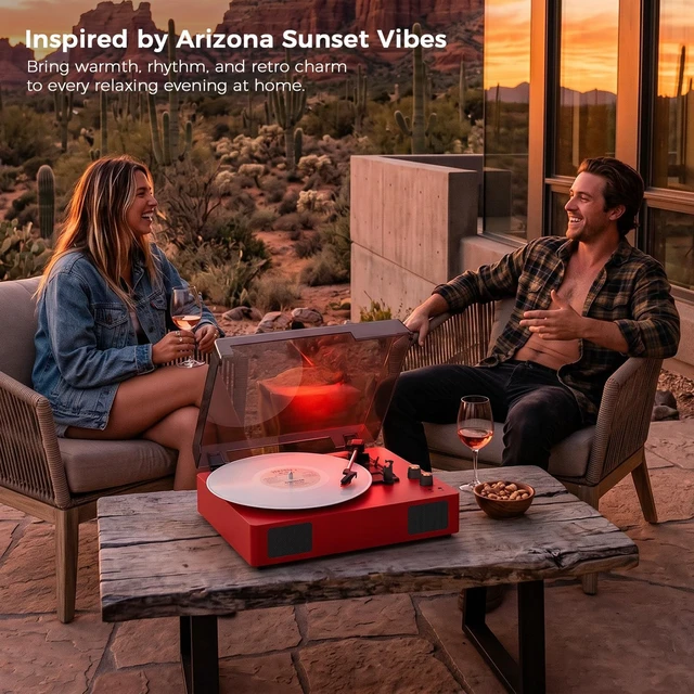 Alt view image 2 of 7 - Red Bluetooth Record Player, 3-Speed Belt Drive Turntable Play 7/10/12 inch records with Bluetooth, 3 speeds, stereo speakers, auto stop, RCA, AUX and headphone output