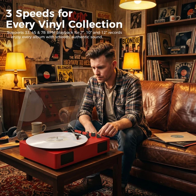 Alt view image 3 of 7 - Red Bluetooth Record Player, 3-Speed Belt Drive Turntable Play 7/10/12 inch records with Bluetooth, 3 speeds, stereo speakers, auto stop, RCA, AUX and headphone output