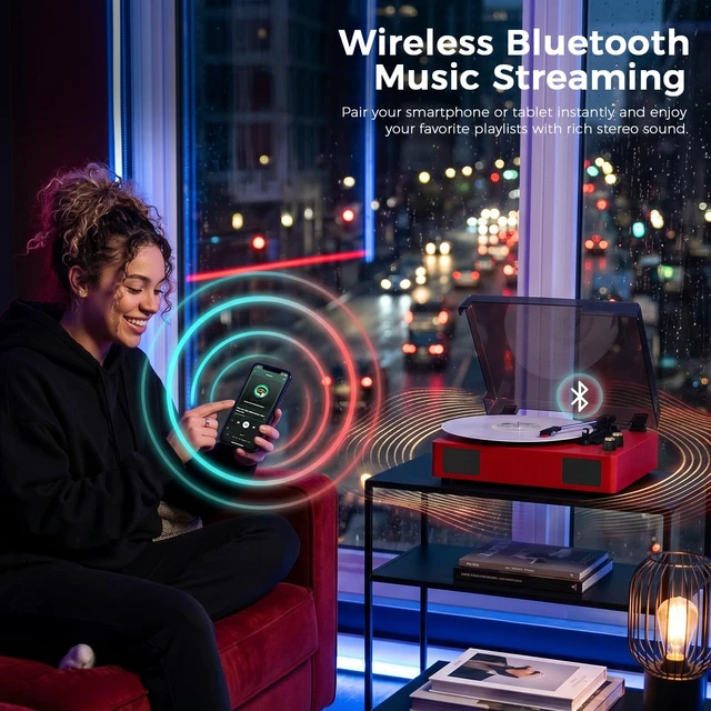 Alt view image 5 of 7 - Red Bluetooth Record Player, 3-Speed Belt Drive Turntable Play 7/10/12 inch records with Bluetooth, 3 speeds, stereo speakers, auto stop, RCA, AUX and headphone output