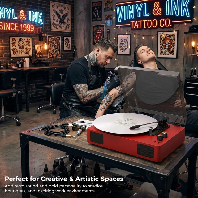 Alt view image 6 of 7 - Red Bluetooth Record Player, 3-Speed Belt Drive Turntable Play 7/10/12 inch records with Bluetooth, 3 speeds, stereo speakers, auto stop, RCA, AUX and headphone output
