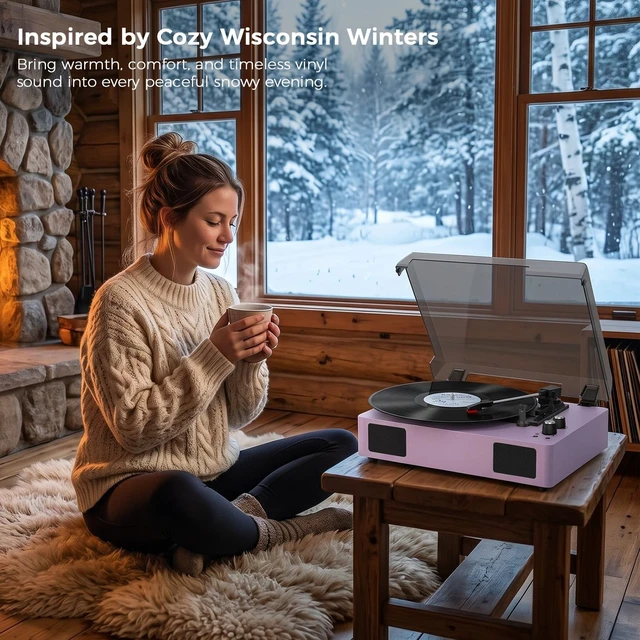 Alt view image 4 of 7 - Purple Bluetooth Record Player, 3-Speed Belt Drive Turntable Vintage purple turntable with 3-speed playback, Bluetooth, built-in speakers, auto stop, AUX and RCA connections