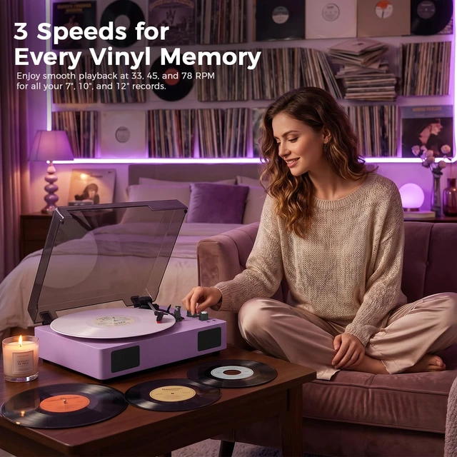 Alt view image 6 of 7 - Purple Bluetooth Record Player, 3-Speed Belt Drive Turntable Vintage purple turntable with 3-speed playback, Bluetooth, built-in speakers, auto stop, AUX and RCA connections