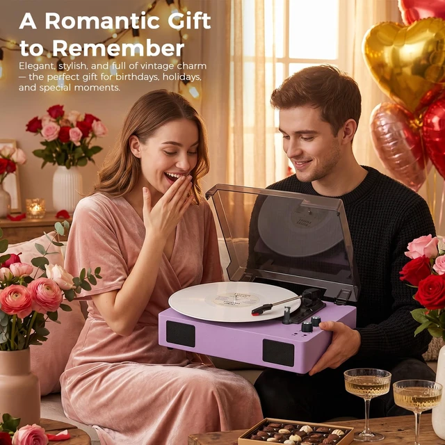 Alt view image 7 of 7 - Purple Bluetooth Record Player, 3-Speed Belt Drive Turntable Vintage purple turntable with 3-speed playback, Bluetooth, built-in speakers, auto stop, AUX and RCA connections