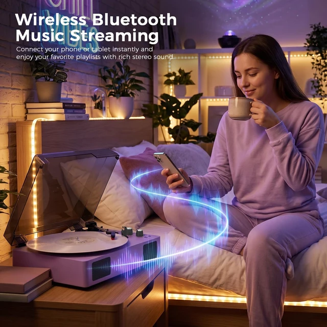 Alt view image 5 of 7 - Purple Bluetooth Record Player, 3-Speed Belt Drive Turntable Vintage purple turntable with 3-speed playback, Bluetooth, built-in speakers, auto stop, AUX and RCA connections