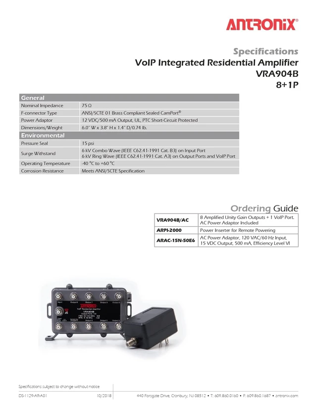 Alt view image 7 of 7 - Antronix VRA904B/ACP 75Ohm VoIP Integrated Residential Amplifier 8+1P Kit