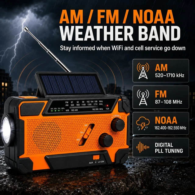 Alt view image 3 of 7 - NOAA Weather Radio, Portable AM FM Emergency Radio Never Lose Power Charges 4 Ways: Solar, Hand Crank, USB-C, or AA Batteries