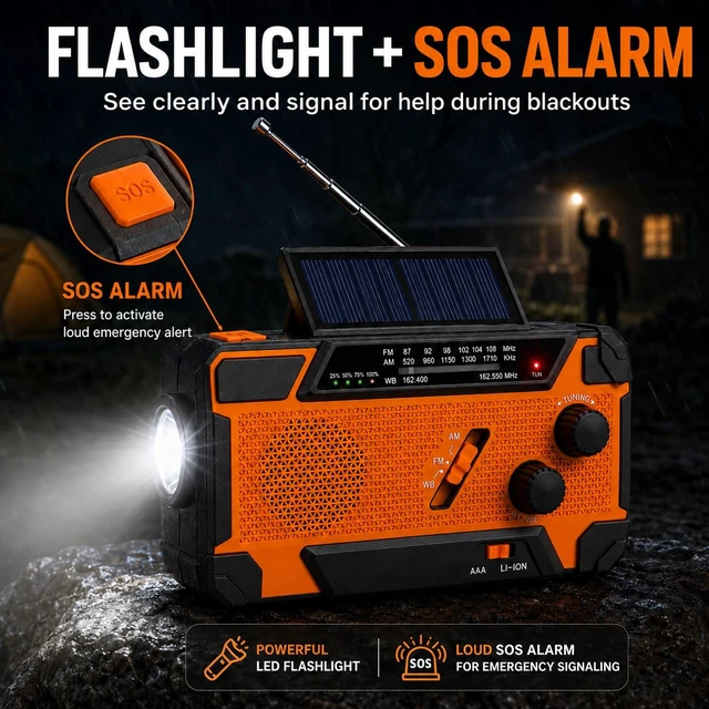 Alt view image 4 of 7 - NOAA Weather Radio, Portable AM FM Emergency Radio Never Lose Power Charges 4 Ways: Solar, Hand Crank, USB-C, or AA Batteries