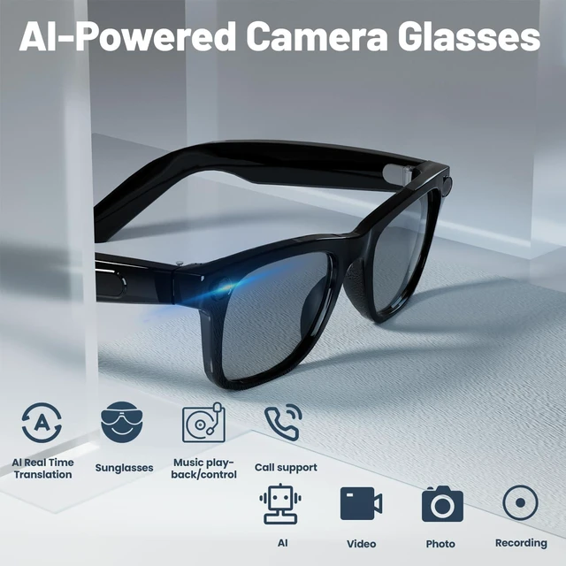 Alt view image 2 of 6 - AI Smart Glasses with 8MP Camera & Voice Translator 1080P Recording 1080P Video Recording, Open-Ear Audio, Bluetooth, Voice Assistant, Wearable Camera for Travel, Sports & Meetings