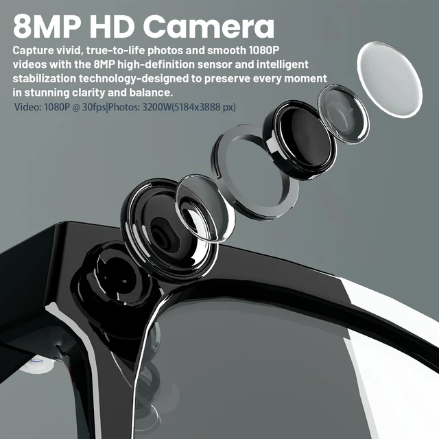 Alt view image 4 of 6 - AI Smart Glasses with 8MP Camera & Voice Translator 1080P Recording 1080P Video Recording, Open-Ear Audio, Bluetooth, Voice Assistant, Wearable Camera for Travel, Sports & Meetings