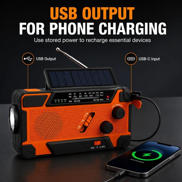 Alt view image 5 of 7 - NOAA Weather Radio, Portable AM FM Emergency Radio Never Lose Power Charges 4 Ways: Solar, Hand Crank, USB-C, or AA Batteries