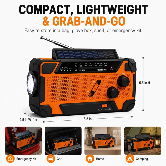 Alt view image 6 of 7 - NOAA Weather Radio, Portable AM FM Emergency Radio Never Lose Power Charges 4 Ways: Solar, Hand Crank, USB-C, or AA Batteries