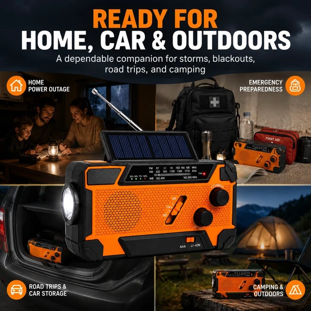 Alt view image 7 of 7 - NOAA Weather Radio, Portable AM FM Emergency Radio Never Lose Power Charges 4 Ways: Solar, Hand Crank, USB-C, or AA Batteries