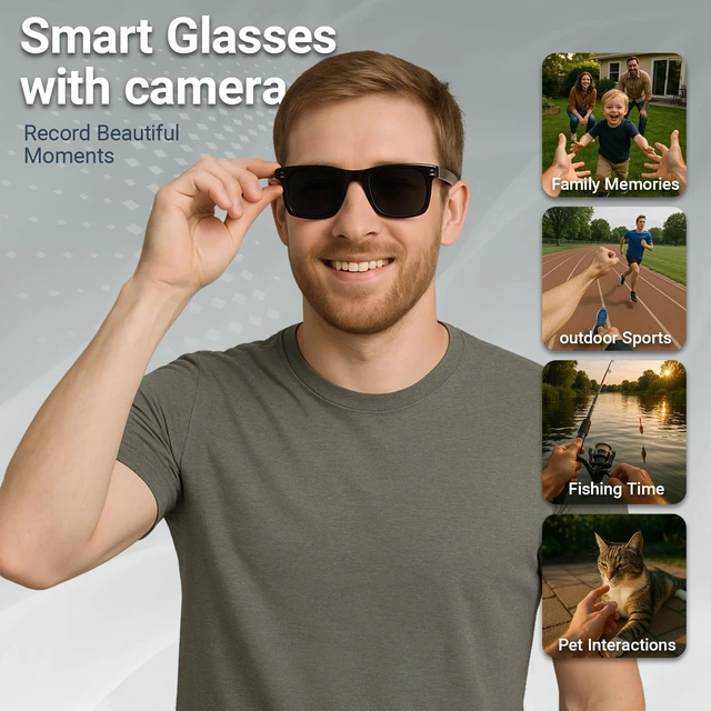 Alt view image 6 of 6 - AI Smart Glasses with 8MP Camera & Voice Translator 1080P Recording 1080P Video Recording, Open-Ear Audio, Bluetooth, Voice Assistant, Wearable Camera for Travel, Sports & Meetings