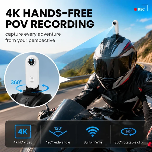 Alt view image 2 of 7 - 4K Mini Body Camera, Action Body Cam Thumb Sports Camera Hands Free Waterproof 30M POV Video Recording Wearable with Necklace,Magnetic Clip,Helmet Cam for Cycling,Ski,Motorcycle,Pets-White