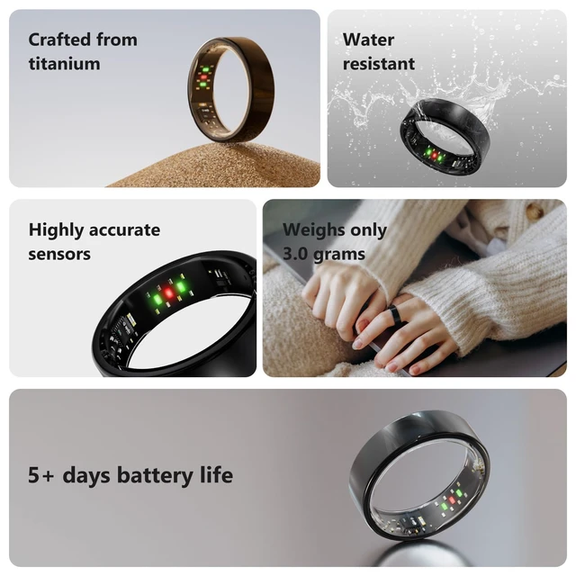 Alt view image 7 of 7 - Titanium Smart Ring, Sleep & Activity Tracking Ring with Heart Rate, HRV, Stress Insights, 7-Day Battery Life, No Subscription, IP68 Waterproof, iOS & Android Compatible (Black, 7)