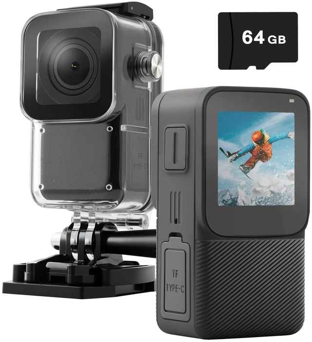 Main image of Waterproof EIS Thumb Action Camera 5K with Touch Screen, 64GB Card Tiny Underwater Cameras 100FT, WiFi, Accessories Kits, Sports Cam for Vlogging, Diving, Bike, Travel, Hiking