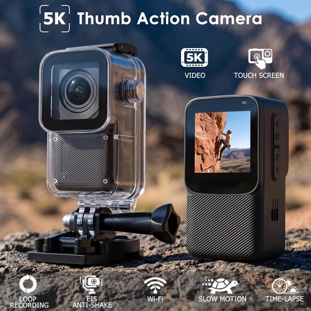 Alt view image 2 of 7 - Waterproof EIS Thumb Action Camera 5K with Touch Screen, 64GB Card Tiny Underwater Cameras 100FT, WiFi, Accessories Kits, Sports Cam for Vlogging, Diving, Bike, Travel, Hiking