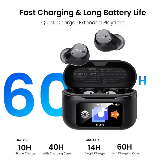 Alt view image 5 of 7 - NC9 Pro Active Noise Cancelling Wireless Earbuds, LDAC Hi-Res Audio Smart Touch Screen,Stereo Bass, 6 Mics ENC Clear Call Ear Buds,Dual Device Connection,60H, Bluetooth 6.0, Fast Charging,Black