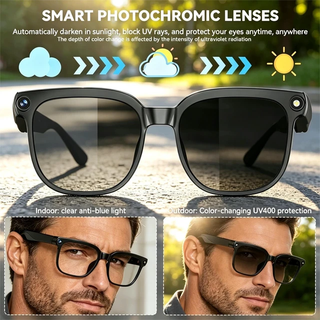 Alt view image 3 of 7 - AI Smart Glasses with Camera, 8MP HD Camera Glasses AI Recording Glasses with Voice Assistant,Open-Ear Audio,Real-Time Translation,Video Recording Sunglasses for Life & Work Vlog (Black)