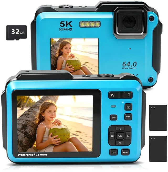 Main image of 5K Underwater Camera 16FT Waterproof Camera with 32GB Card 64MP Autofocus Dual-Screen Selfie Underwater Camera for Snorkeling Waterproof Compact Floatable Digital Camera