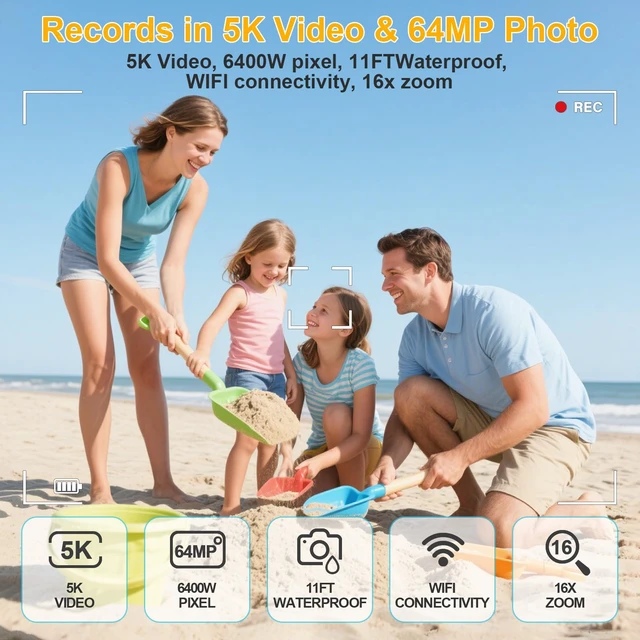 Alt view image 2 of 7 - 5K Underwater Camera 16FT Waterproof Camera with 32GB Card 64MP Autofocus Dual-Screen Selfie Underwater Camera for Snorkeling Waterproof Compact Floatable Digital Camera