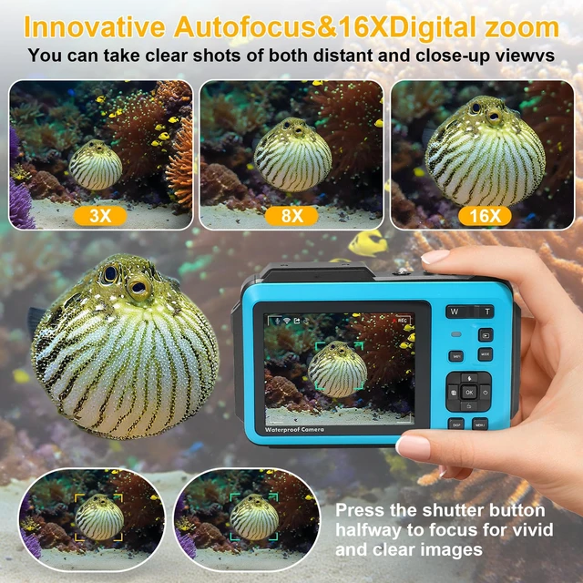Alt view image 4 of 7 - 5K Underwater Camera 16FT Waterproof Camera with 32GB Card 64MP Autofocus Dual-Screen Selfie Underwater Camera for Snorkeling Waterproof Compact Floatable Digital Camera